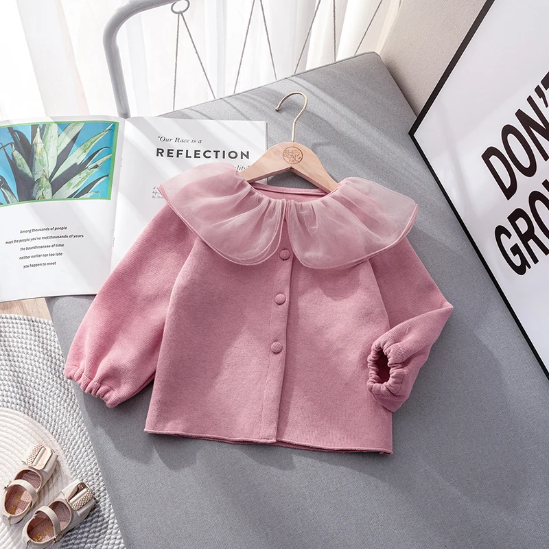 Children's Spring and Autumn New Girl 2024 Lace Long Sleeve Coat for Baby Girls, Fashionable Western style Flip Collar Cardigan