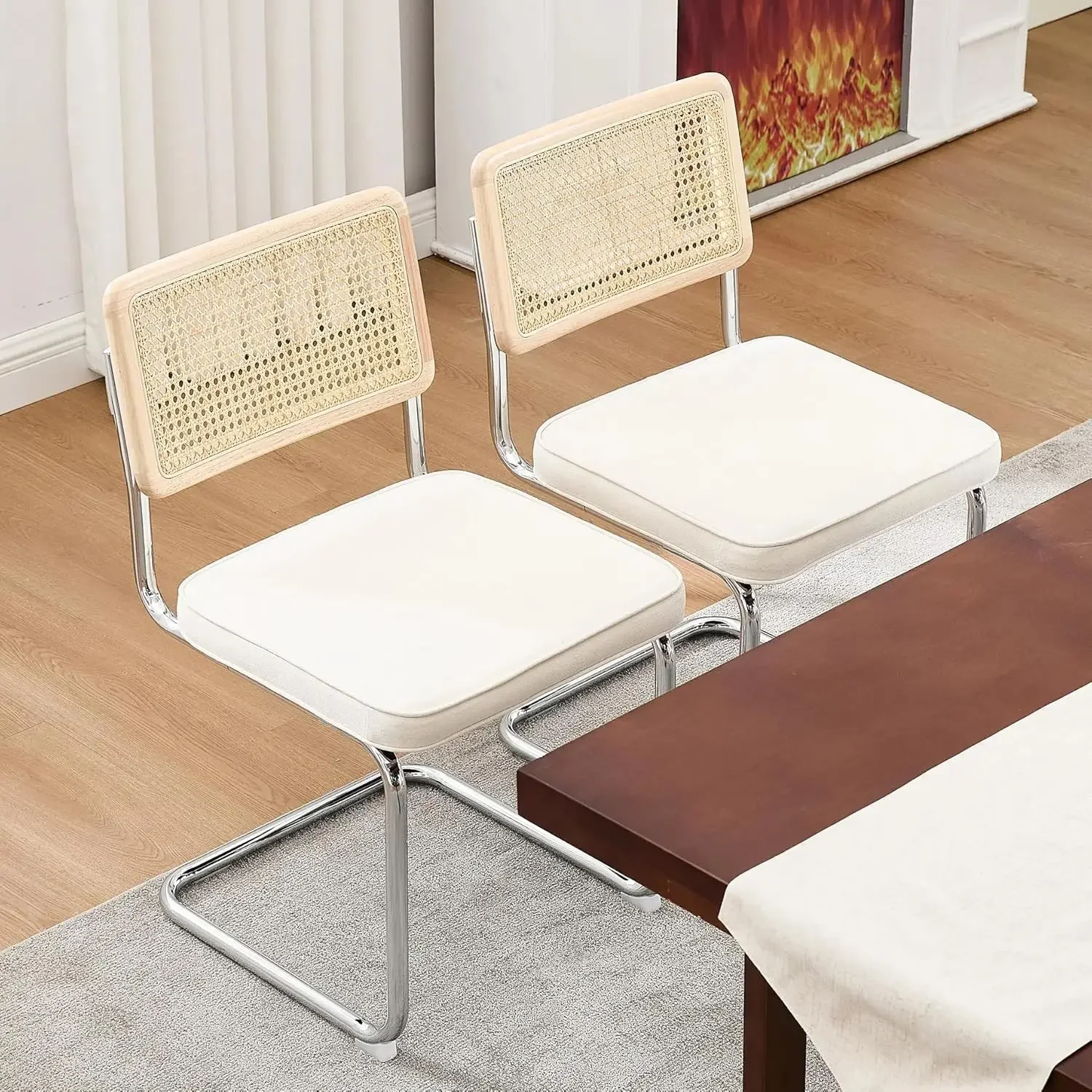 

Набор из 2 обеденных стульев из натурального ротанга, современные обеденные стулья середины века со спинкой из массива дерева и хромированной основой, для гостиной на кухне