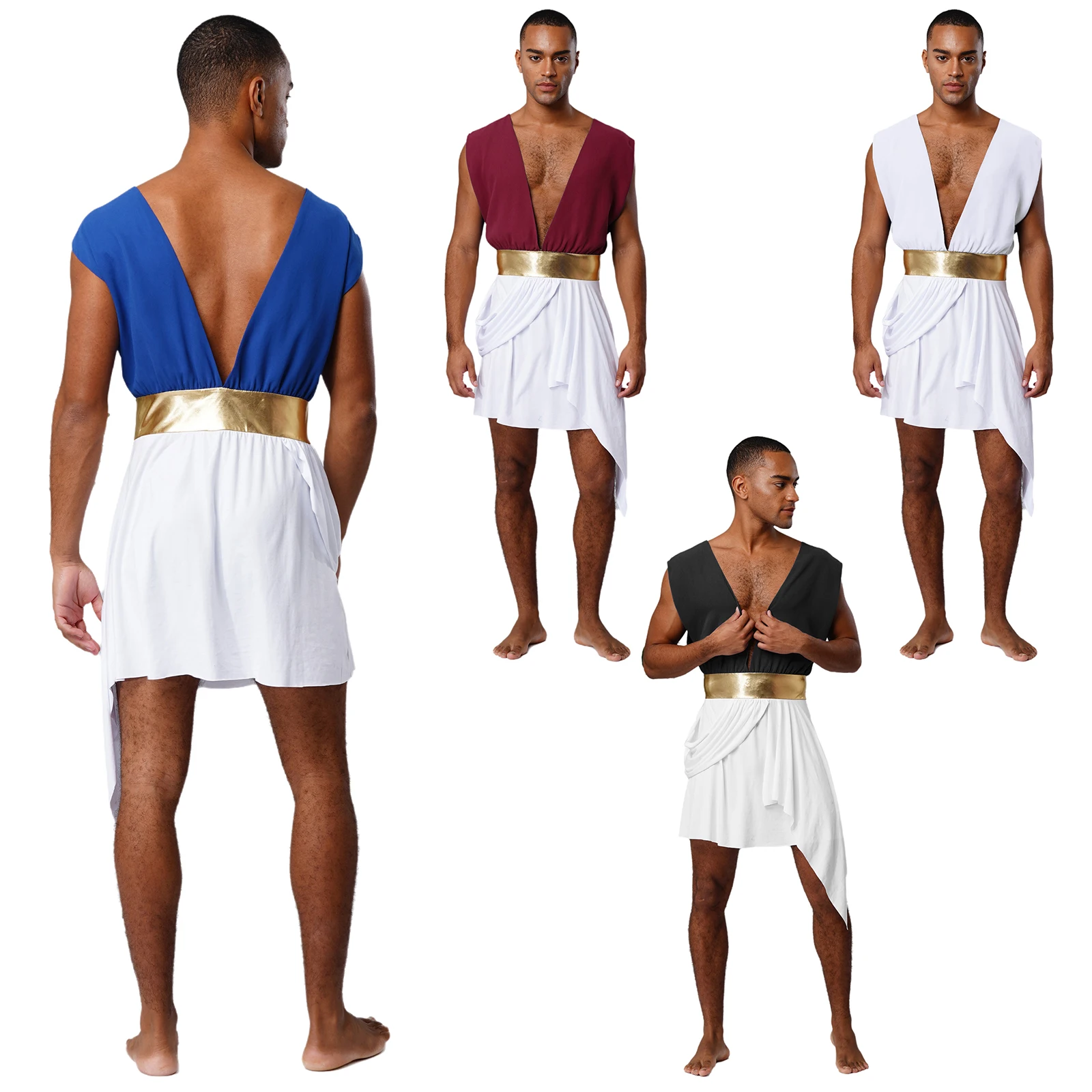 

Men Ancient Greek Toga Halloween Gladiator Role-Playing Costume Deep V-neck Sleeveless Metallic Waist Asymmetrical Roman Robe