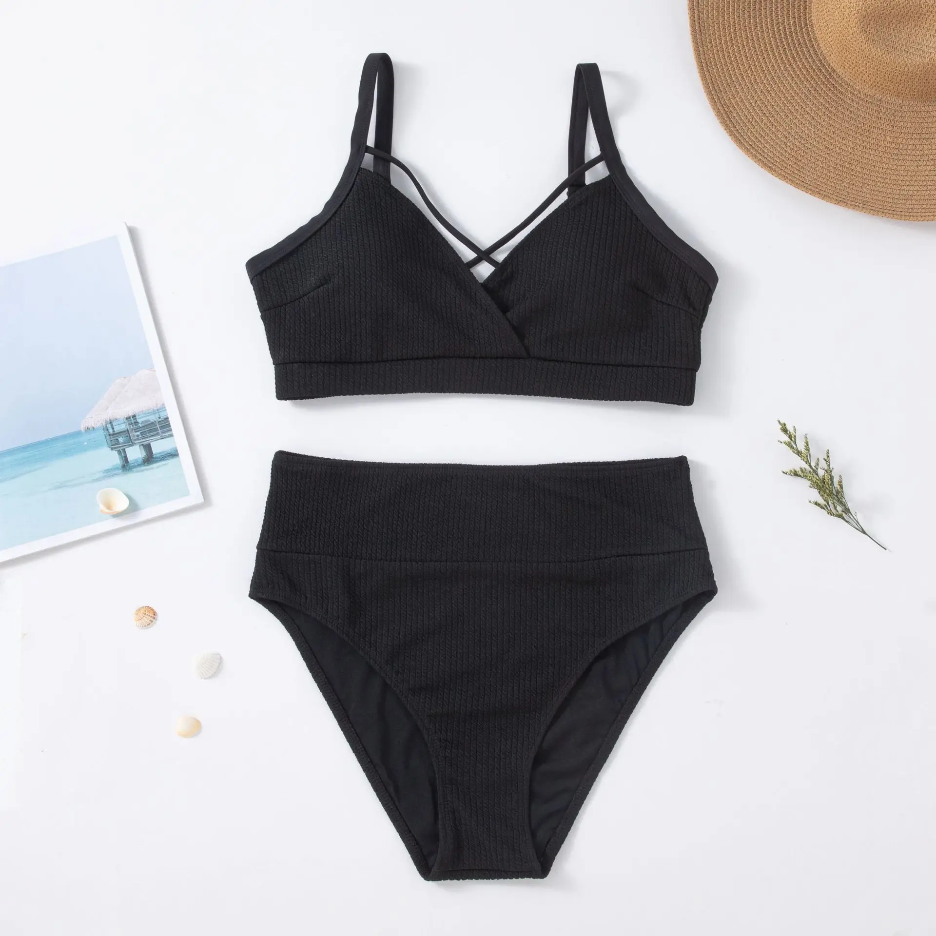 Plus Size Ribbed High Waist Bikini Set Women 2 Pieces Swimwear Push Up Cross Front Bathing Suit Beachwear view 6