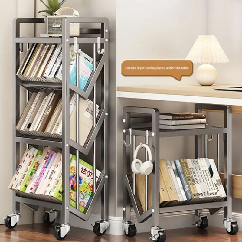 360° Rotation Wheels Books  Furniture Living Room Magazine Iron Bookcase Floor Standing Multi-Layer Bookshelf Movable Storage
