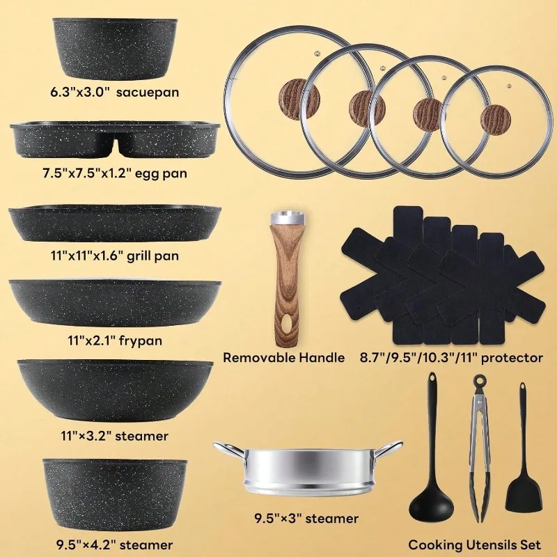 17 Pcs Pots And Pans, Kitchen Cooking Set With Stay-Cool Handles,Kitchen Induction Cookware Suit With Detachable Handle