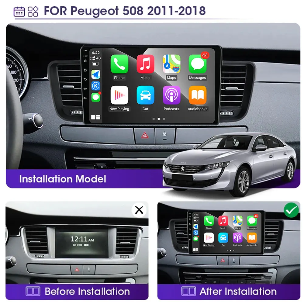 Autoradio Android Auto Carplay, WiFi 5G, Stéréo, Lecteur Vidéo, Limitation Radio, Outils de Navigation GPS, KIT 508 2011 2012 201 - 2018