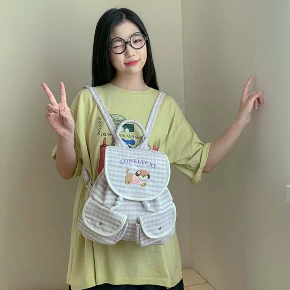حقيبة ظهر كورية حلوة برباط على شكل فيونكة لمنع الخدش للنساء حقيبة مدرسية يومية من البوليستر قابلة للطي مطرزة على شكل جرو منقوشة حقيبة نهارية