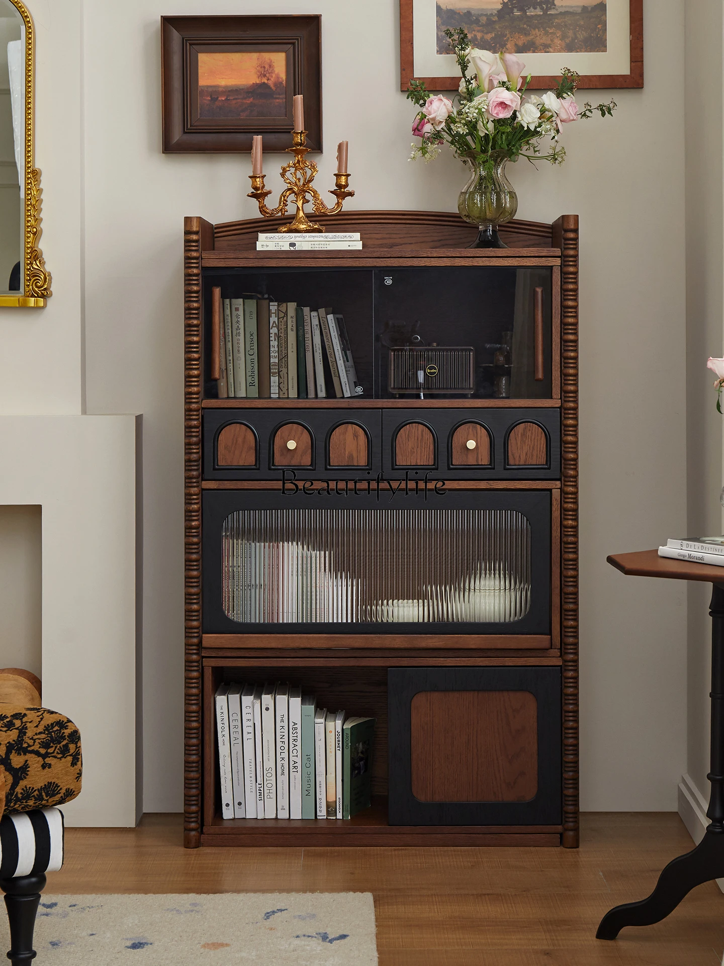 

Medieval solid wood retractable bookcase small apartment living room household French side cabinet