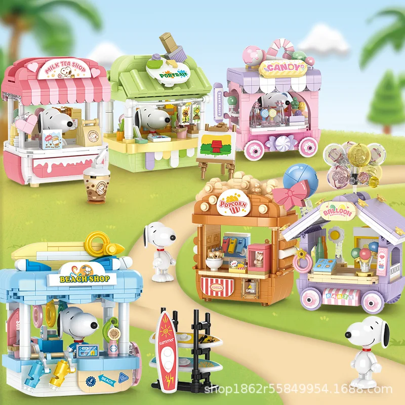 Escena de calle de la serie Snoopy, camión de comida artesanal, tienda de té de la leche gourmet, decoración de mesa, juguetes de bloques de construcción para niñas, regalo de vacaciones