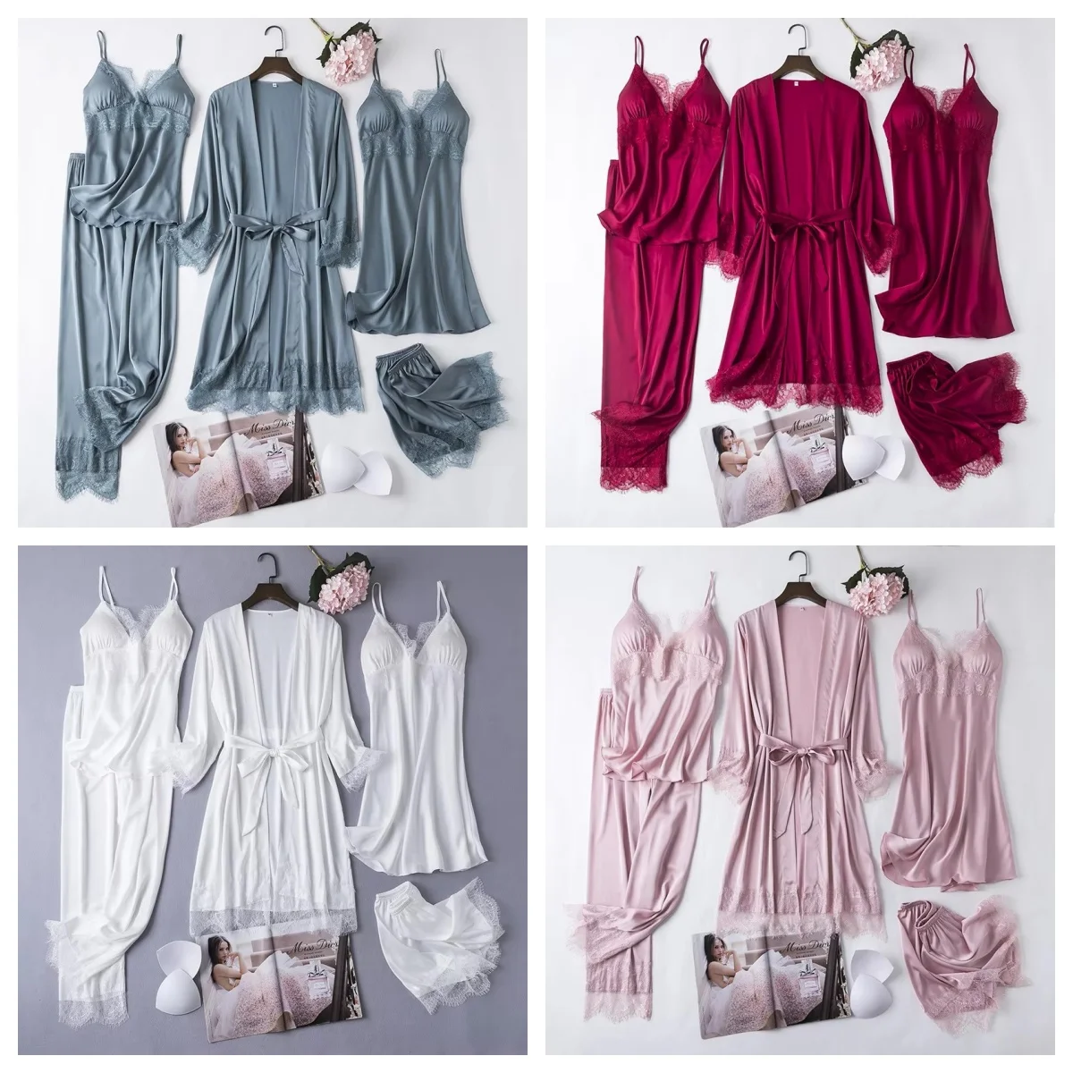 Pink 5PCS Women Robe Set Sexy Sleepwear Lace Kimono Bathrobe Gown Silky Lingerie Nightwear Lounge Wear Casual Home Clothes