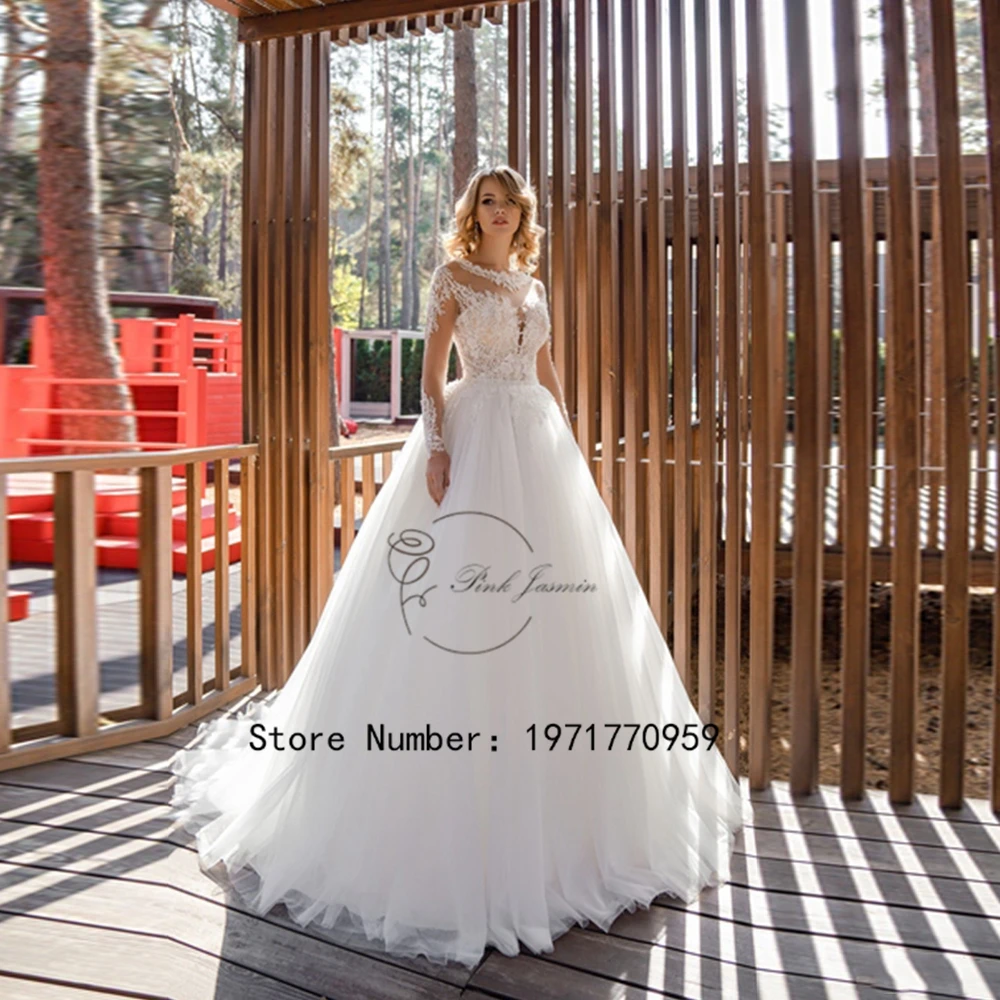 

Exquisite Long Sleeves Wedding Dress A-Line Scoop Neck Applique Illusion Back Bride Gown Custom Made Robe De Mariée