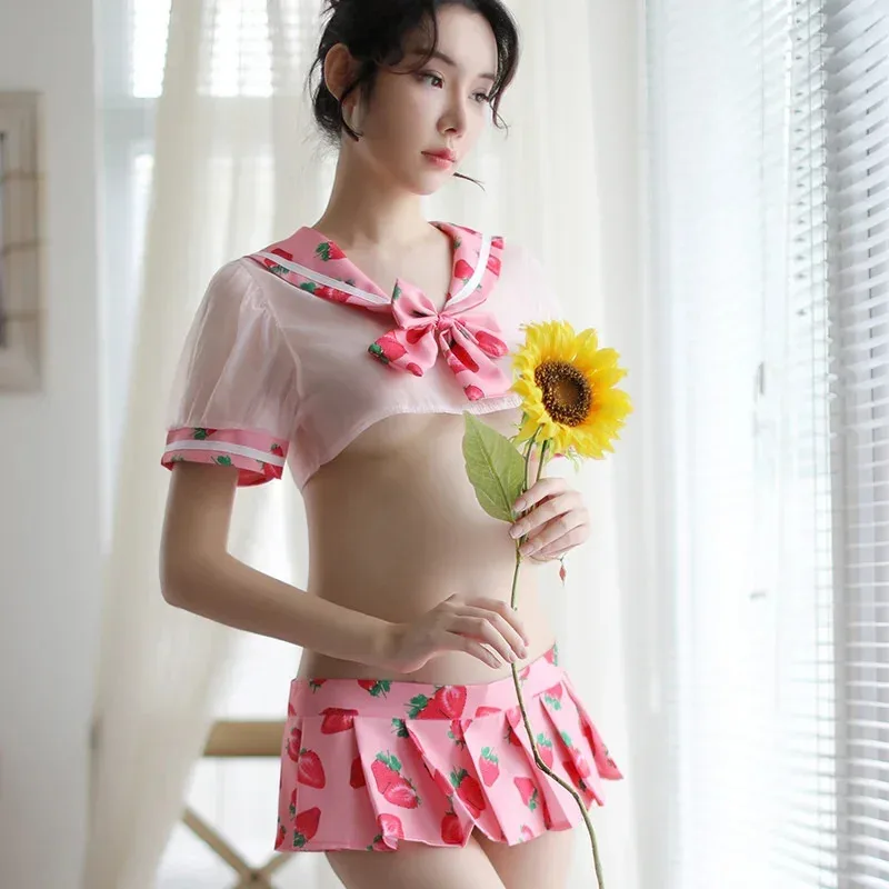 Erotic Lingerie Sexy Perspective Outfit Student Uniform Temptation Strawberry Print Sailor Skirt Suit