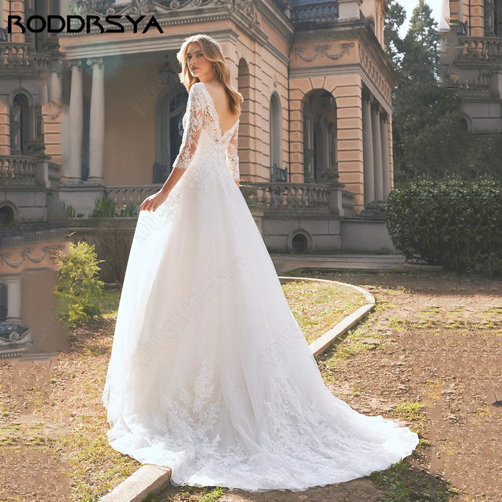 RODDRSY Elegant Wedding Dresses For Women 2024 Bride 3/4 Sleeves Double V-Neck Bride Gown Backless Tulle A-Line vestido de noiva