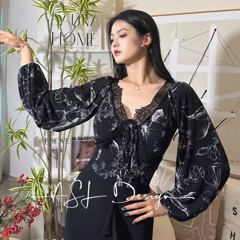 

2025 Ballroom Dance Tops Women Lace V Neck Puff Sleeves Bodysuit Adult Latin Rumba Waltz Dance Clothes Performance Wear BL15817