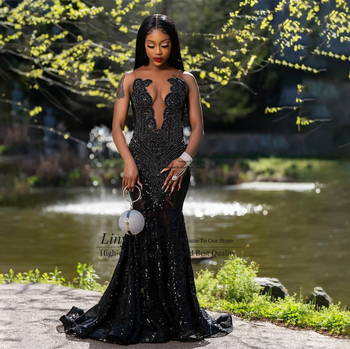 Sexy Black Crystal Prom Dresses 2024 For Black Girls Rhinestones Beaded Mermaid Wedding Evening Dress Luxious Formal