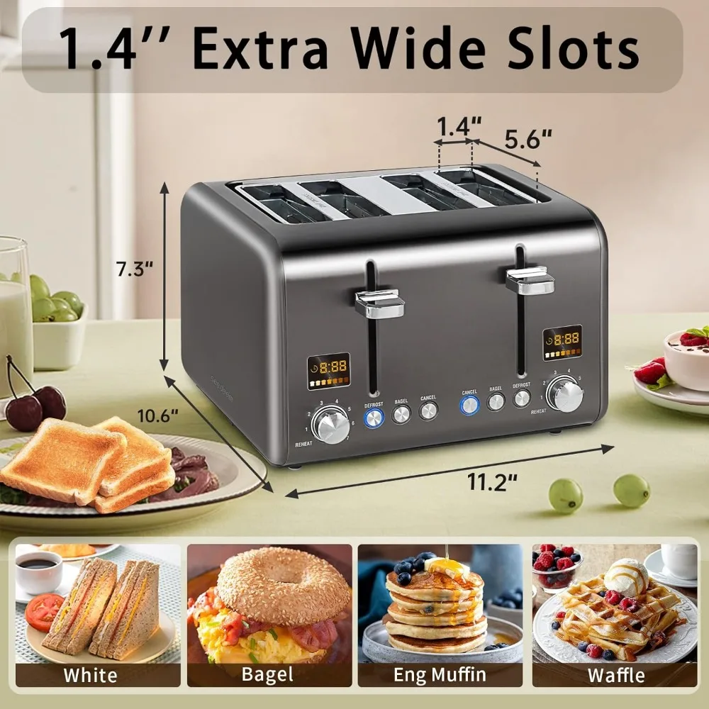 Toaster 4 Slice, Stainless Bread Toaster Colorful LCD Display, 7 Bread Shade Settings, 1.4'' Wide Slots Toaster，1800W