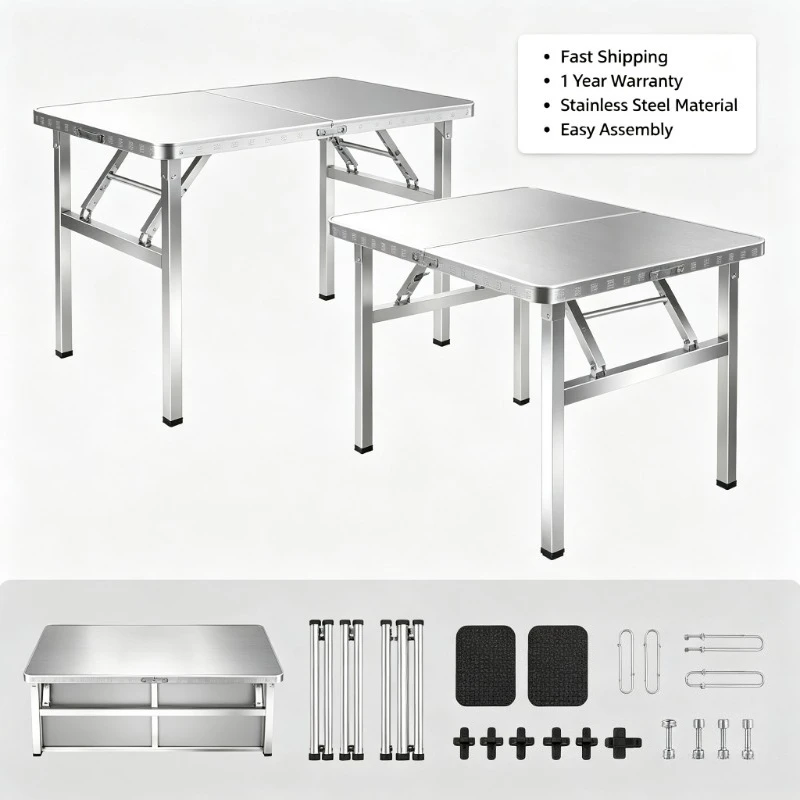 Stainless Steel Folding Table Portable Dining Table For Household Hotel Night Market Stall BBQ Outdoor Console Table