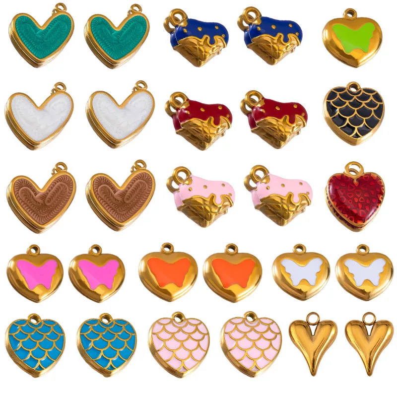 2pcs Stainless Steel Colorful Enamel Love Heart Pendant Necklace Earring Fashion Heart Gold Plated Charms Craft Jewelry Findings