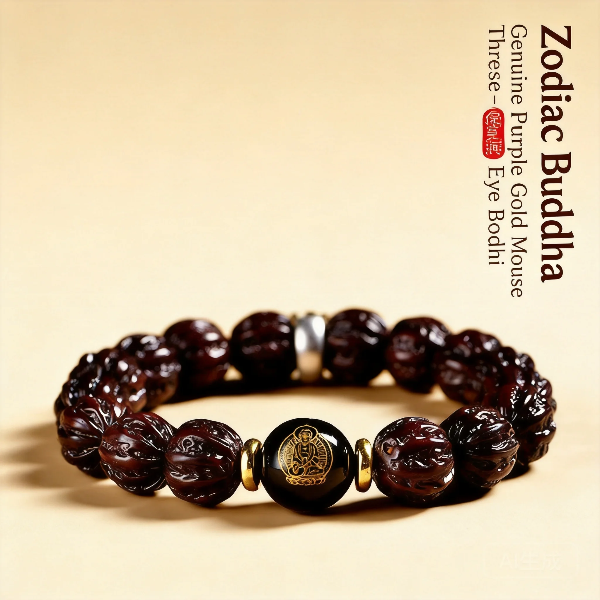 Chinese Style Lucky Purple Golden Rat Bodhi Carved Eight Ridge Beads 12 Zodiac Patron Buddha Beaded Bracelet 13-16mm Fortune Ble