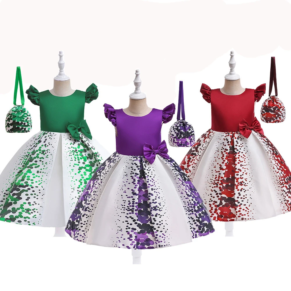 2023 Christmas Winter Dress Girls Party Clothing Green Red Fashionable New Year Holiday Clothes With Bag For Children Kids 3-8Y