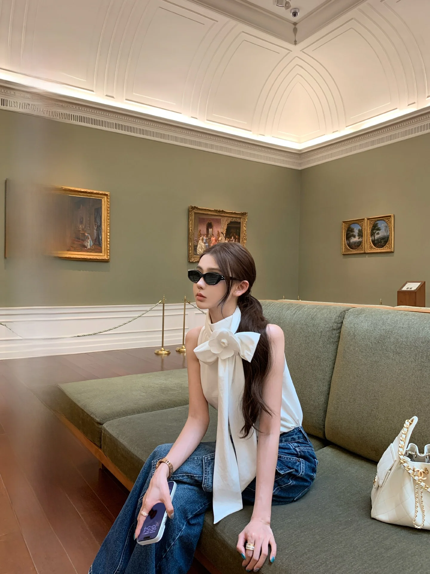 

OKMAOP Casual High Collar Women's irt Loose Comfortable Svel Top with Knot Spring Summer White Color