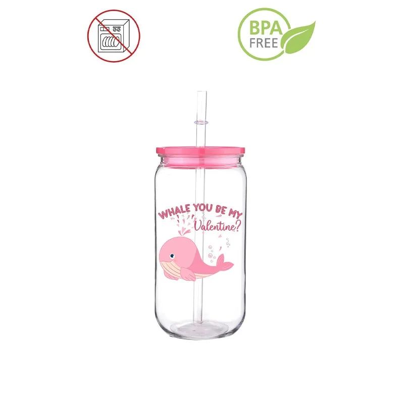 Animals Bear Pig Theme Printed Transfer BPA Free Plastic Straw Cup Comes With Sreaw And Cup Lid Can Coffee 16 OZ Valentines