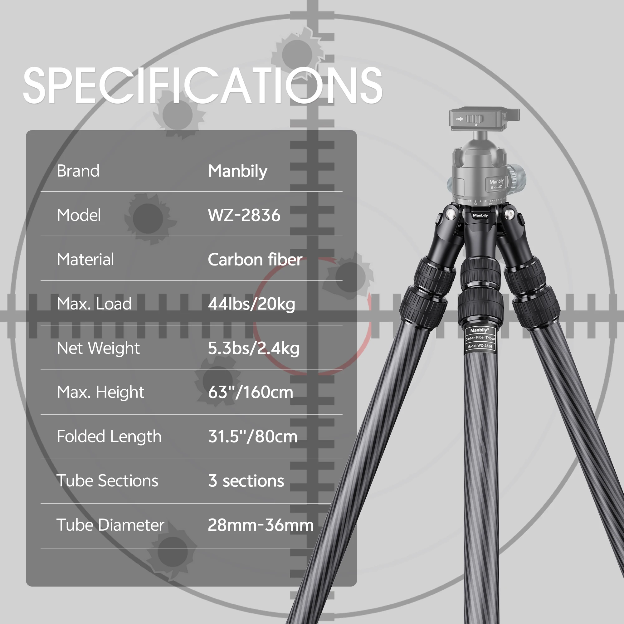 Manbily WZ-2836 without Ballhead 36mm Tube Carbon Fiber Tripods Professional Shooting Tripod for Outdoor