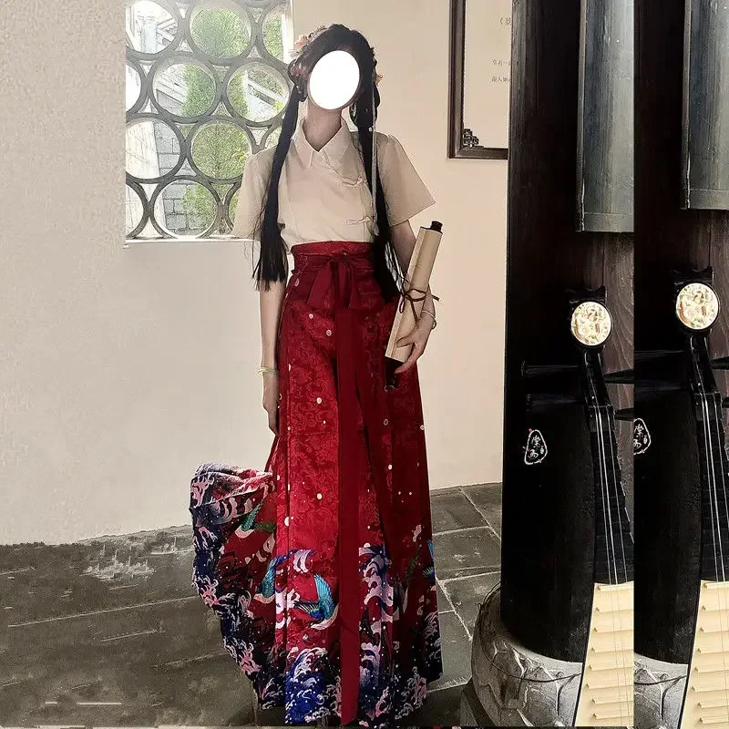 Terno Hanfu tradicional chinês para mulheres, robe tradicional, saia do rosto do cavalo do estilingue, trajes cosplay do Dia das Bruxas, original Jingwei Reclamation Print