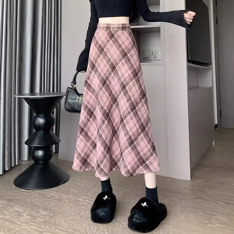 Vintage Plaid Long Skirts Female Clothing High Waist Elastic 2024 Autumn Winter Fashion A-Line Bag Hip Commute Hotsweet Skirts