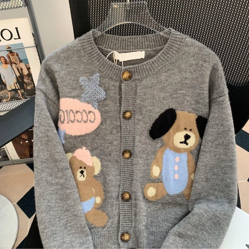 Korean Fashion Cute Cartoon Teddy Bear Knitted Cardigan Sweater Autumn Winter Casual Versatile Sweater for Women Y2k Clothes