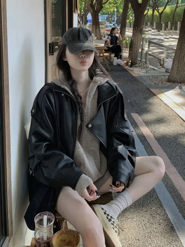 

American Sle Loose Bla Leather Jaet Faionable Ele Outerwear for ort Women High End Feeling Spring 26