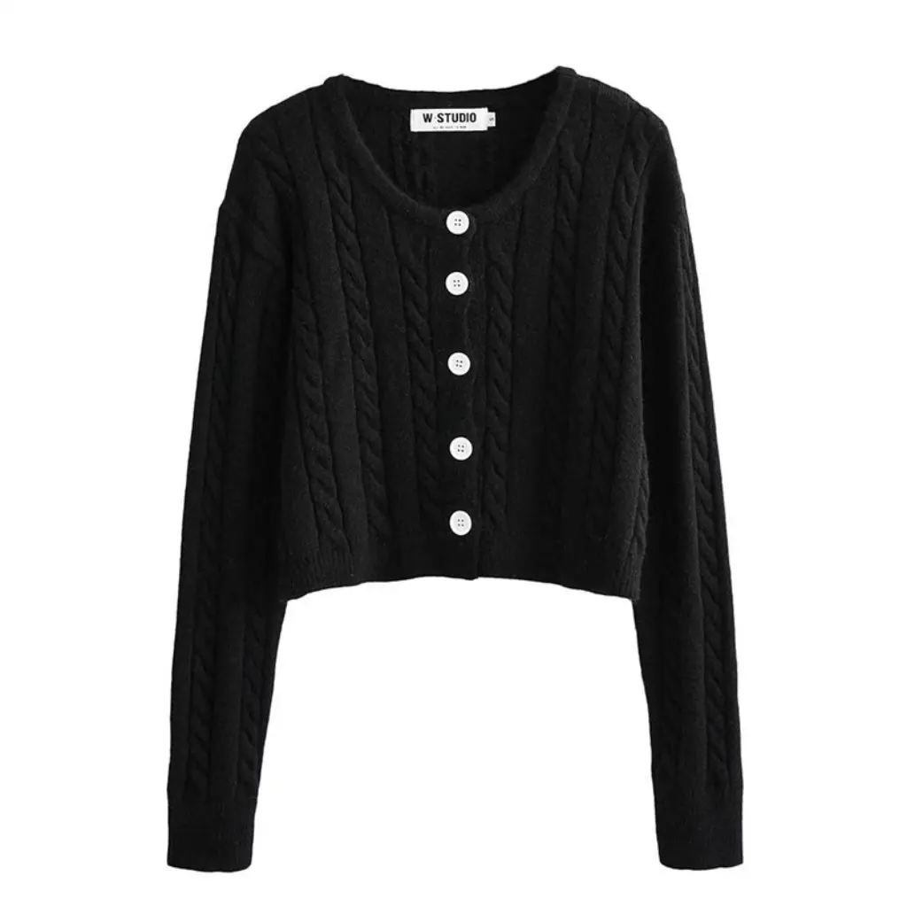 

Women's Retro Solid Color Twist Sweater Cardigan Short round Neck Knitted Jacket Top for Autumn Winter