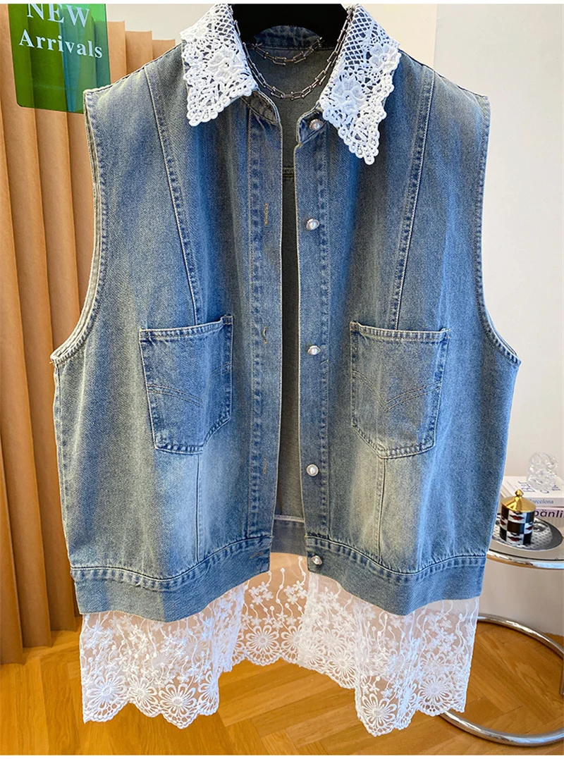 Damska kamizelka jeansowa jesienno-letnia codzienna bezrękawnik kurtka z koronkowymi wstawkami płaszcz dżinsowy streetwear damska kowbojska kamizelka chaleco mujer