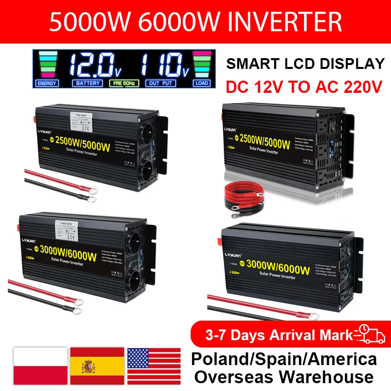 

DC 12V To AC 110/220V Intelligent Power Inverter Dual USB Car Voltage Transformer 5000W 6000W Digital Power Inverter
