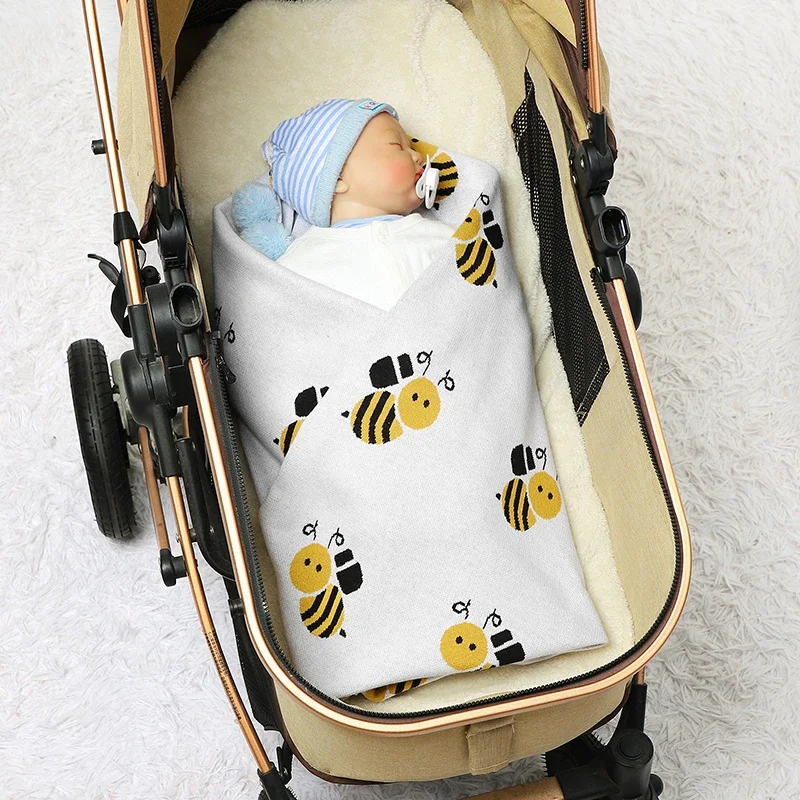 Infant Baby Blankets Cotton Knit Newborn Girl Boy Stroller Swaddle Toddler Bed Quilt Plaid Soft Cute Cartoon Bees Covers 90*70CM