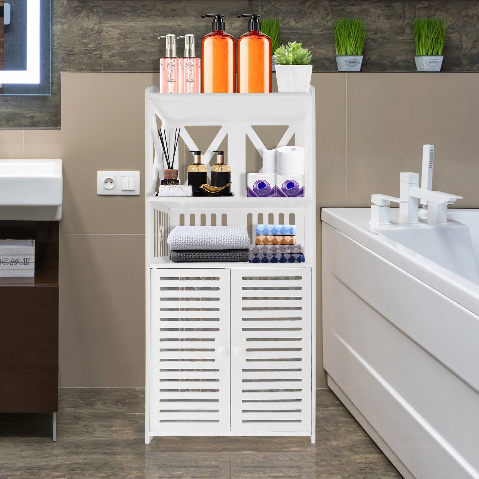 Bathroom Floor Cabinet,Waterproof FreeStanding Bathroom Storage Unit with Daily Use Layer and Cupboard Double Door,3-Tiers PVC