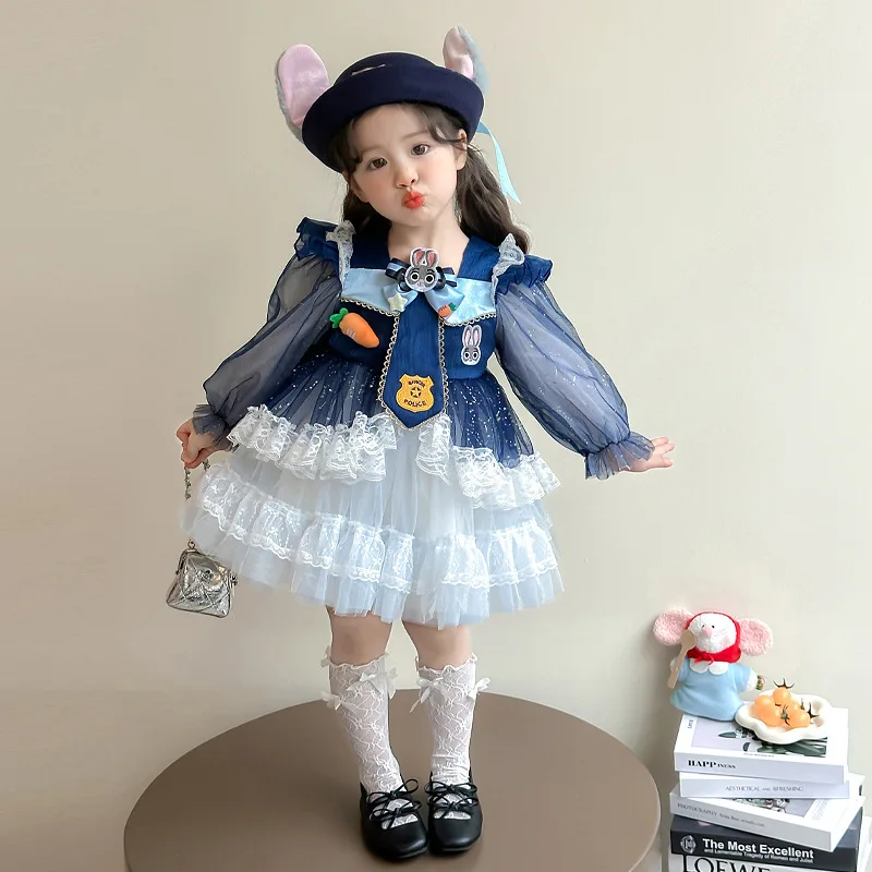 

Детское платье Disney Judy Mesh с вышивкой милого кролика-полицейского, пышное, на день рождения, модное, с мультяшным принтом, кружевными вставками, в стиле принцессы