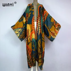 WINYI kimono boho print beach cover-up Elegant coat sexy Africa coat beach outfits for women Perspective cardigan beachwear