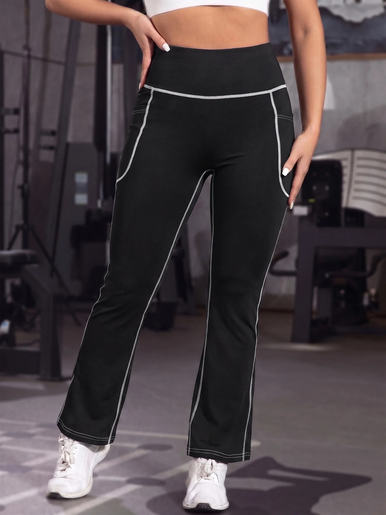 Ladies Soft Elastic Flare Fashion Pants High Waist Slim Contrast White Line Stitching Side Big Pocket Daily Pants