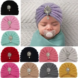 Cute 16*12.5CM Baby Girl Shining Rhinestone Hats Handmade Knitted Striped Beanie Caps Toddler Hair Accessories Photo Props