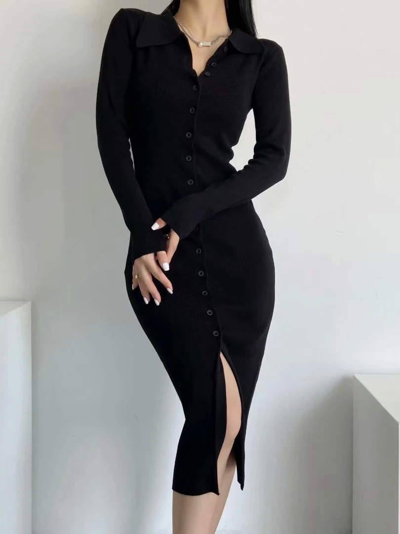 Autumn Winter Bodycon Dresses Sweater Knitted Green 2024 Women Sexy Midi Split Long Sleeve Casual Jumper C-137