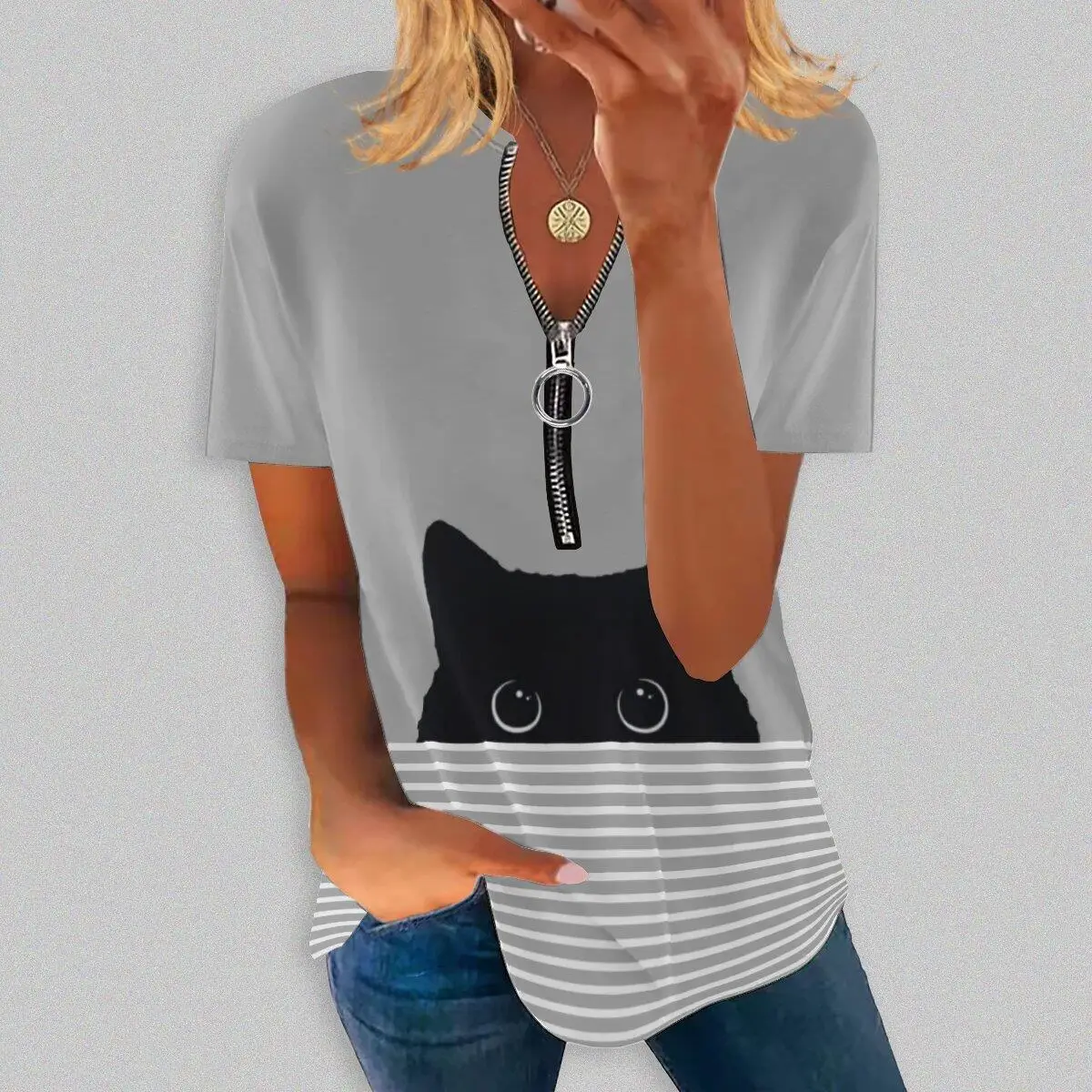 T-shirt ort Sve con colletto con cerniera con stampa stagionale da donna T-shirt stampata in lycra di cotone slim fit Princ Sle Primavera 2023