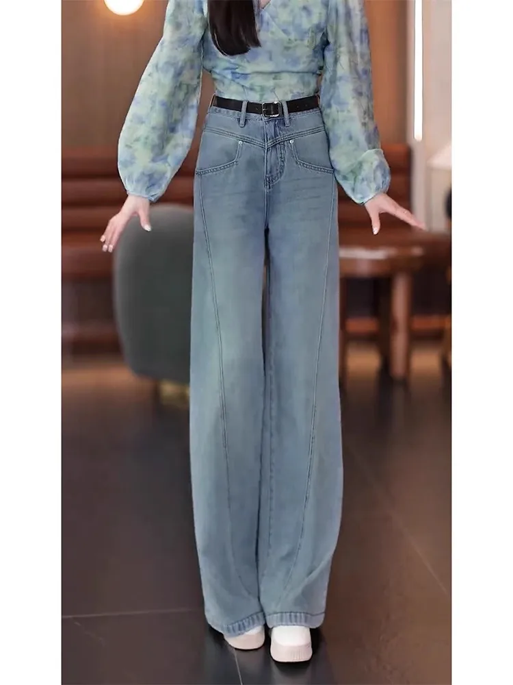 

plus Size Women's Summer Thin High Waist Slimming Loose Ice Silk Wide Leg Floor-Length Jeans Casual High Waist Loose Fit Blue