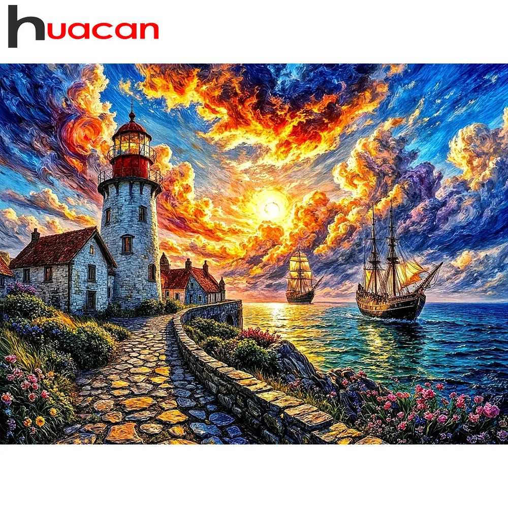 Huacan Diamantmalerei: Sonnenuntergang am Meer mit Haus, Diamantmosaik-Landschaft, Neue Kollektion 2026, Dekorative Gemälde
