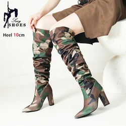 Sexy Women High Boots Fashion Pointed Toe High Heels 10CM Ladies Over the knee Boots Camouflage Long Shoes Botas De Mujer 2024