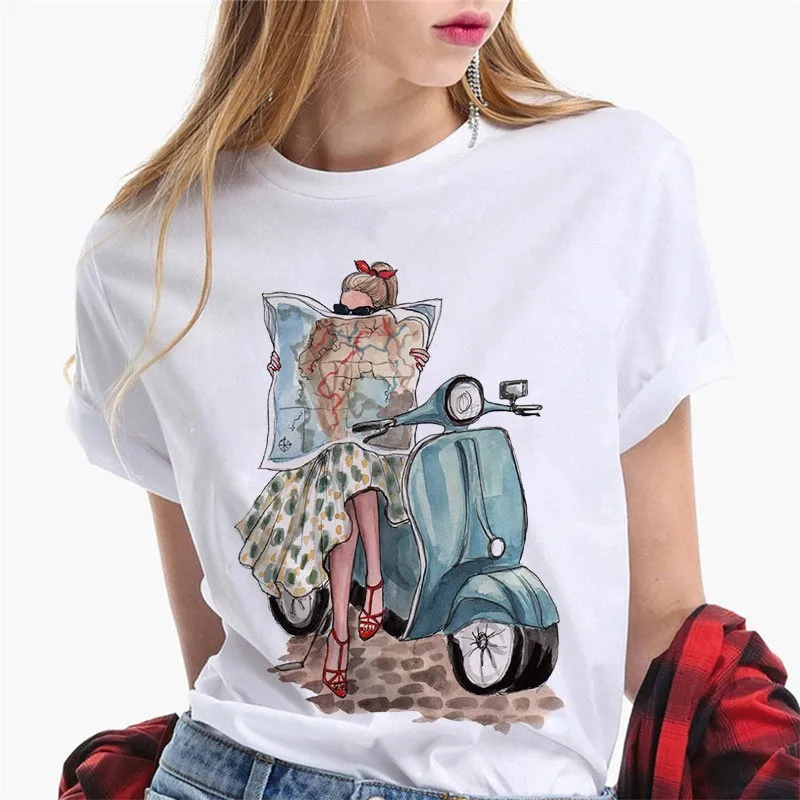 Damskie koszulki graficzne Harajuku Odzież damska Paris Girl Europe and America Fashion Loose Ins White Short-sleeved T-shirt