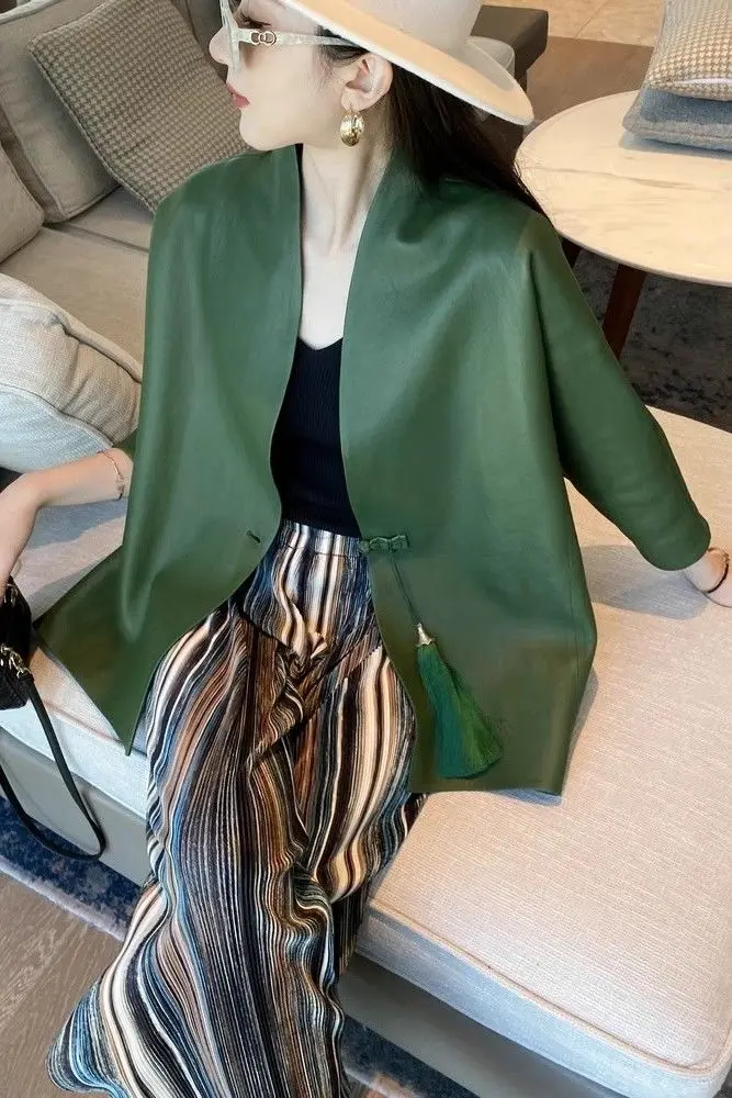 

Chinese Style Turkish Sheepskin PU Leather Jacket for Women Loose Fit Fringe Design Short Trench Coat Vintage Inspired Outerwear