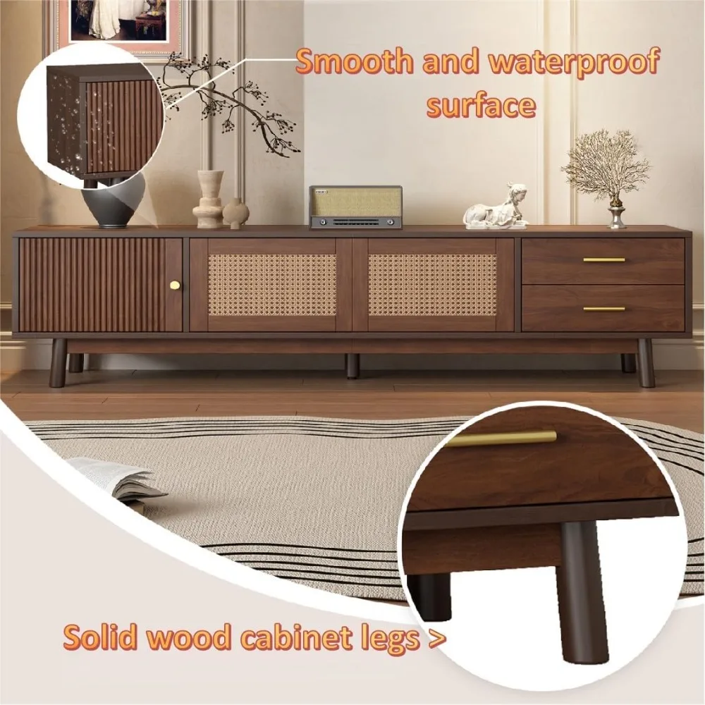 حامل تلفزيون بني مع مساحة تخزين، حامل تلفزيون بني من خشب الجوز لأجهزة التلفاز حتى 63 بوصة حتى 80 بوصة، حامل تلفزيون حديث في منتصف القرن مع طاقة