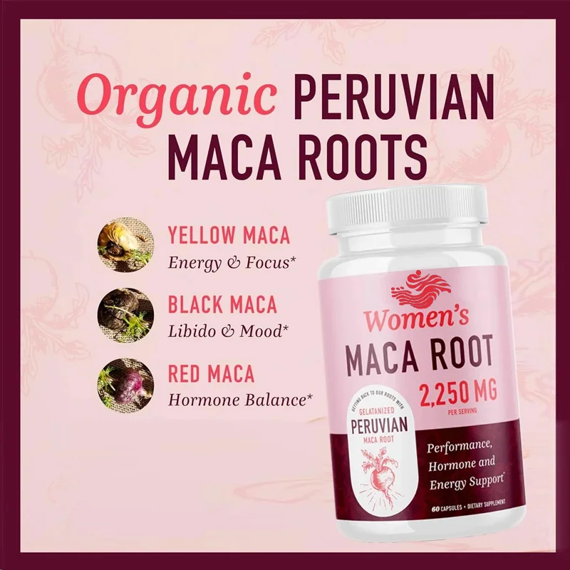 Cápsulas de maca orgánica para mujer, 2250 mg de fuerza, maca roja, negra y amarilla que contiene pimiento negro para apoyar energía, etc.