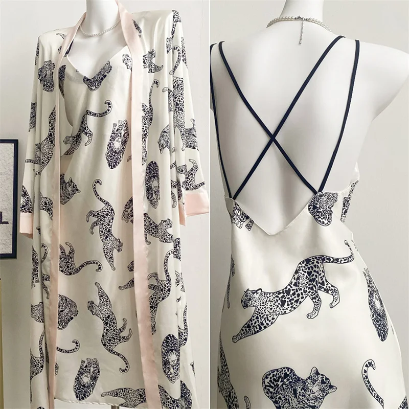 

Сексуальный леопардовый длинный халат-ночнушка, женский комплект, летняя шелковая атласная пижама, домашняя одежда, халат из вискозы, пижама