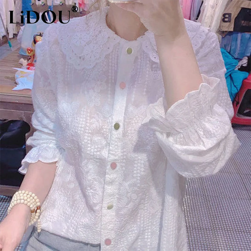 Spring Autumn New White Embroidery Fashion Blouse Women Elegant Long Sleeve Lady Shirt Sweet Buttons Casual Blusa All-match Tops