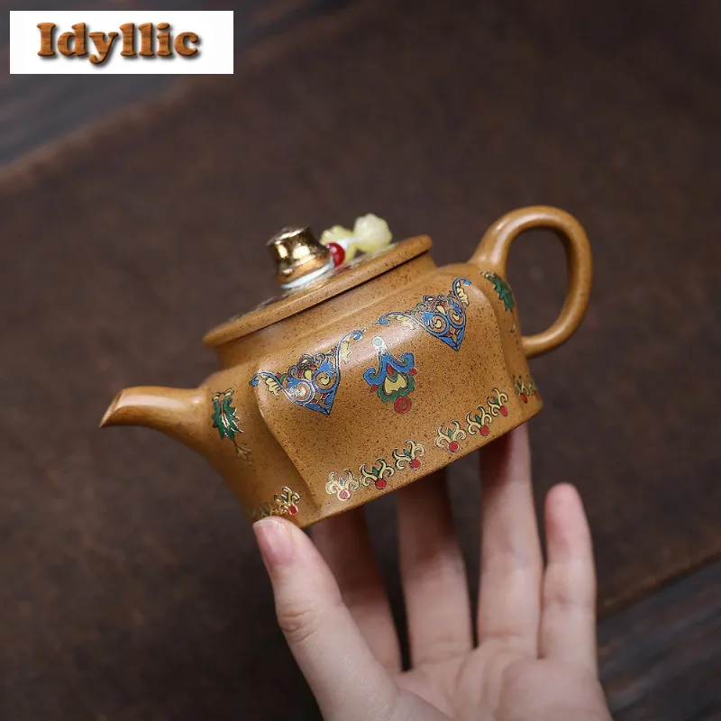 

200ml Yixing Purple Clay Teapots Artists Handmade Colour Enamels Rib Ruyi Pot Raw Ore The Keel Gold Sand Kettle Zisha Tea Set