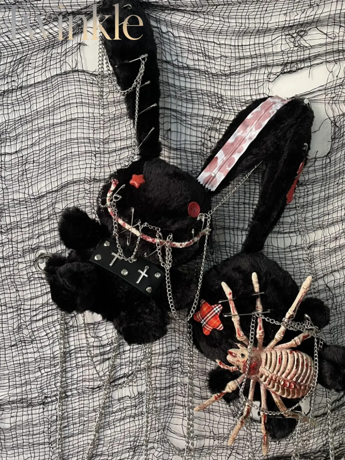 Gothic Lolita Plush Bunny Bag Handmade Dark Rabbit Doll Convertible Crossbody Backpack Shoulder Purse with Chain 3-Way